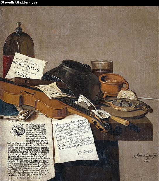 Anthonie Leemans Still life with a copy of De Waere Mercurius, a broadsheet with the news of Tromp's victory over three English ships on 28 June 1639, and a poem telli